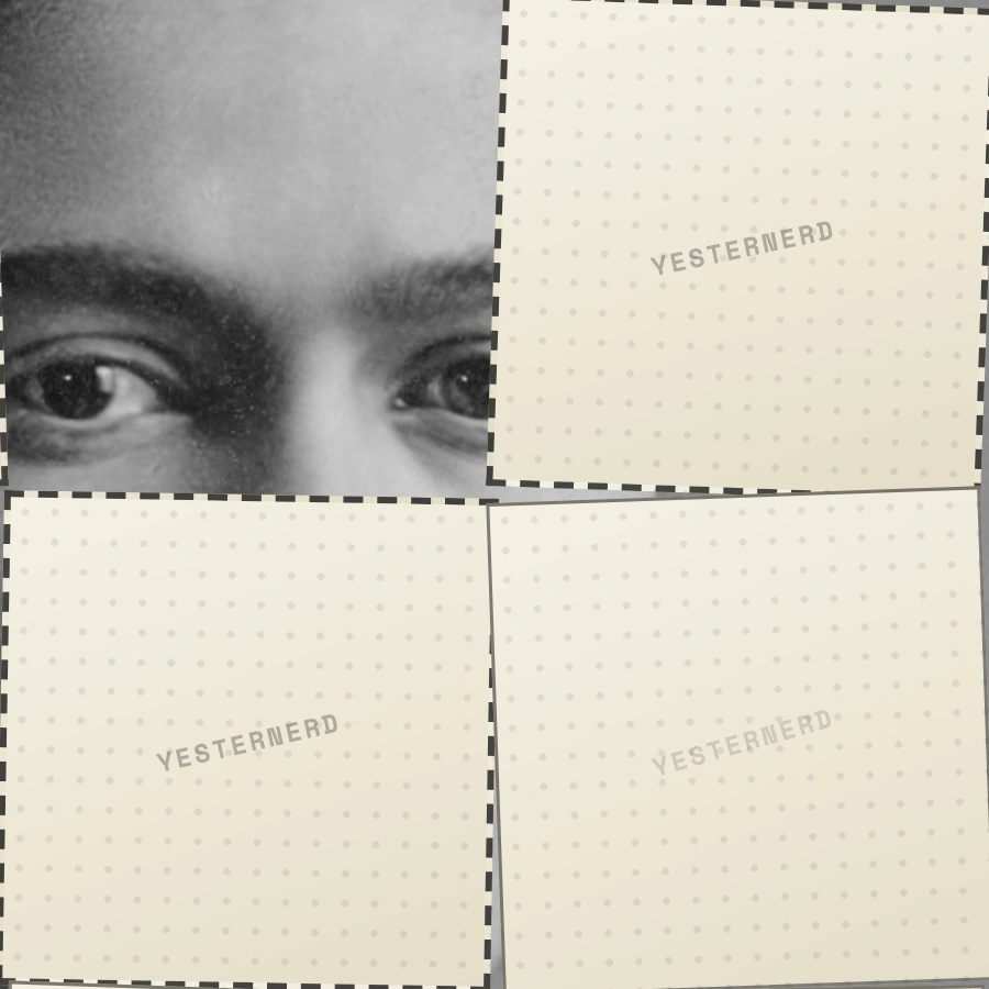 A corner of a Face Value board at the start of a round: four paper scraps, and the one torn away at the top left shows a pair of eyes under dark brows that meet in the middle.